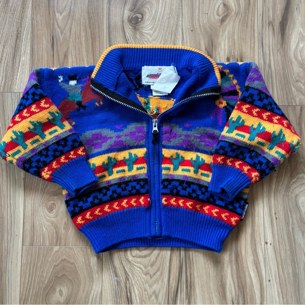 Vintage Obermeyer Kids Wild West Sweater Zip Up Blue Cactus Horse Size 4
